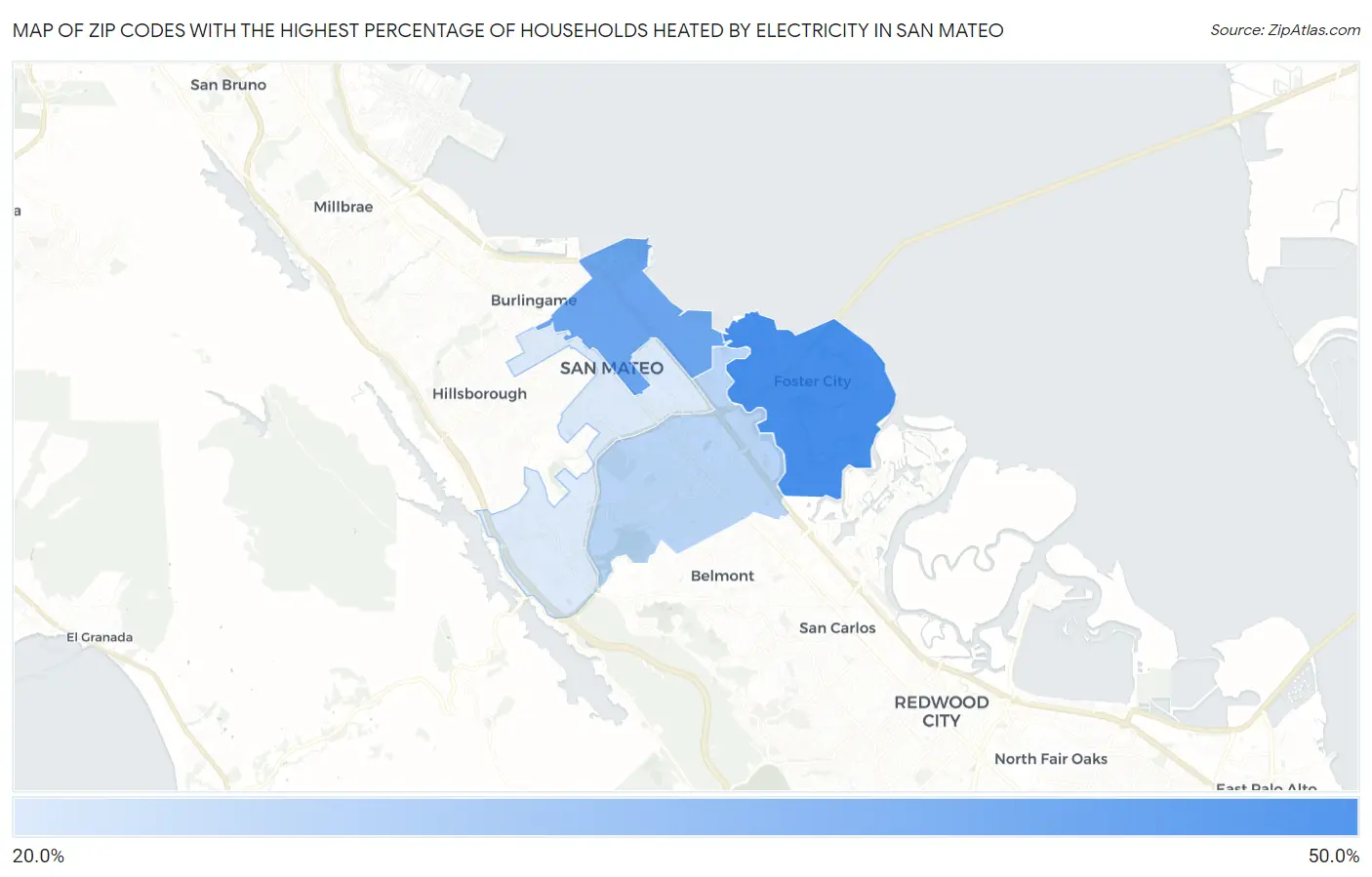 Zip Codes with the Highest Percentage of Households Heated by Electricity in San Mateo Map