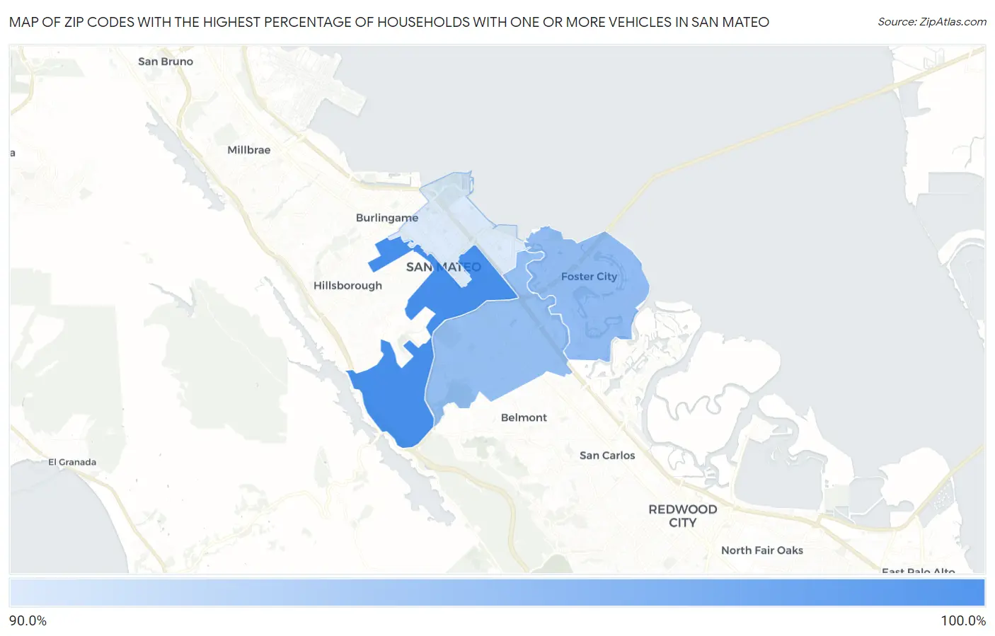 Zip Codes with the Highest Percentage of Households With One or more Vehicles in San Mateo Map