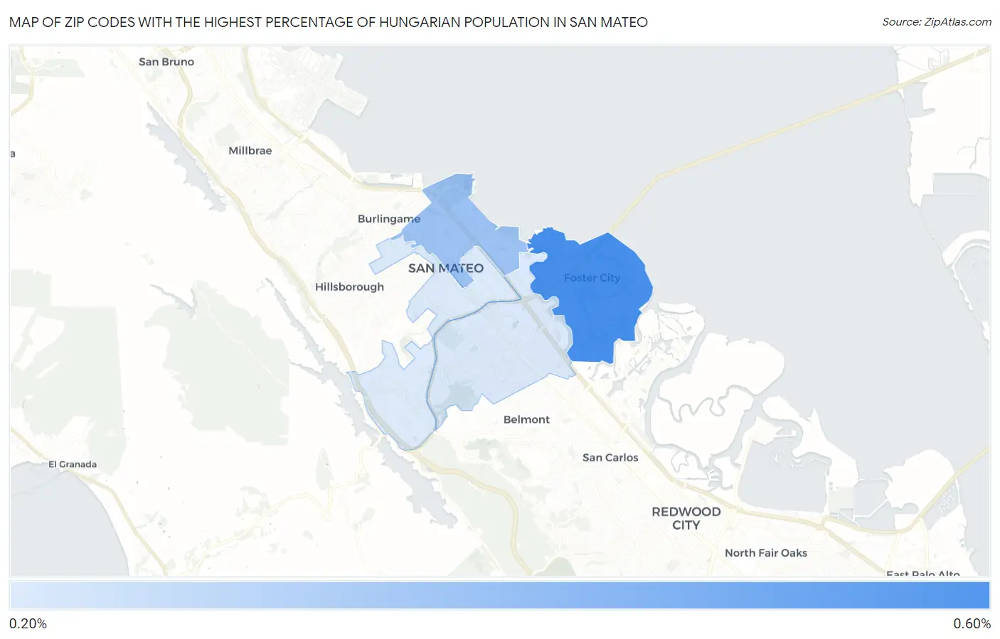 Zip Codes with the Highest Percentage of Hungarian Population in San Mateo Map