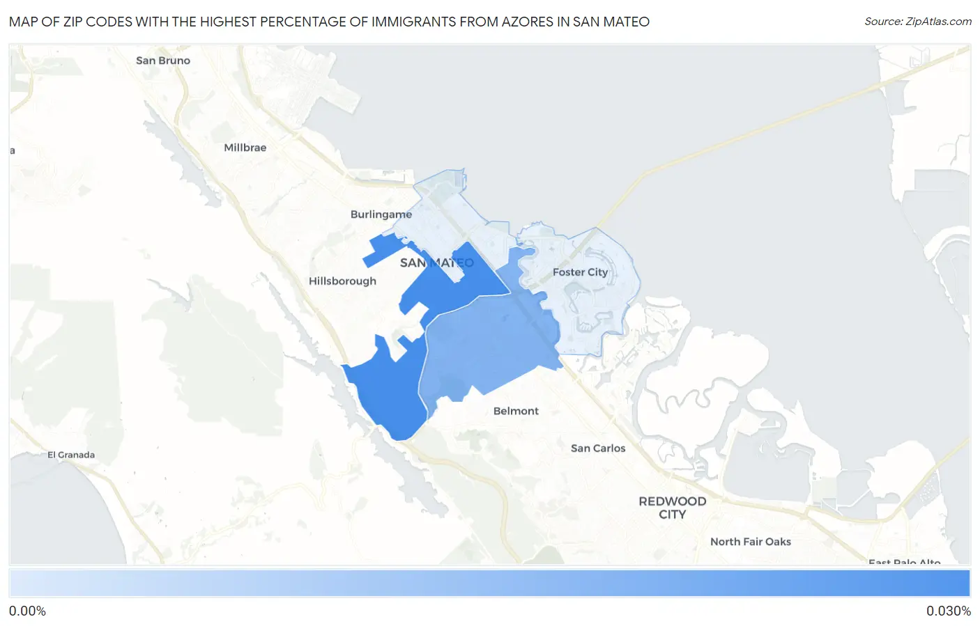 Zip Codes with the Highest Percentage of Immigrants from Azores in San Mateo Map
