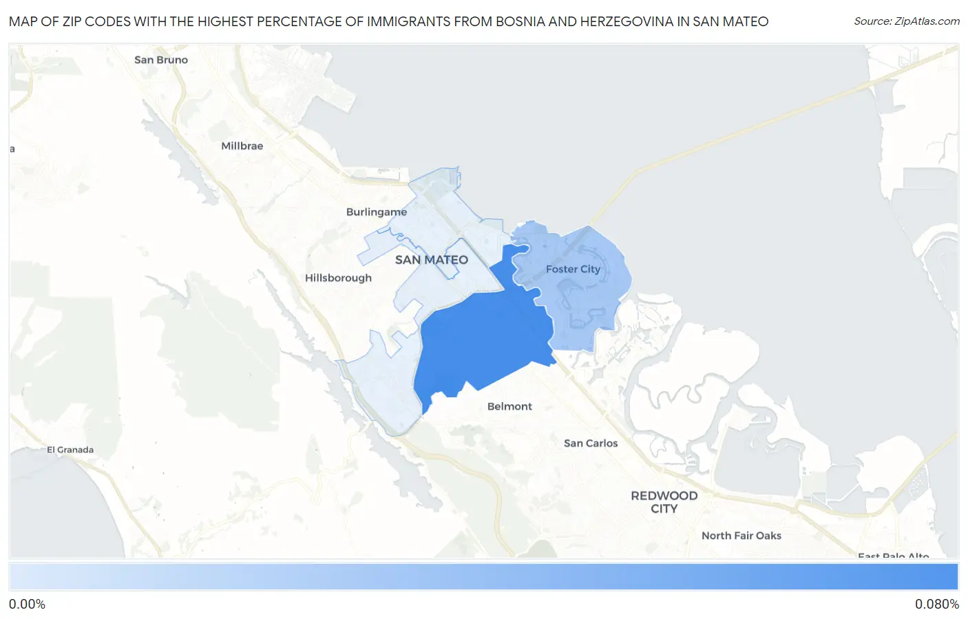 Zip Codes with the Highest Percentage of Immigrants from Bosnia and Herzegovina in San Mateo Map