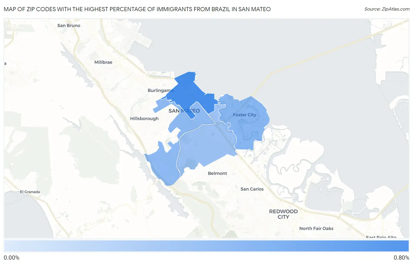 Zip Codes with the Highest Percentage of Immigrants from Brazil in San Mateo Map
