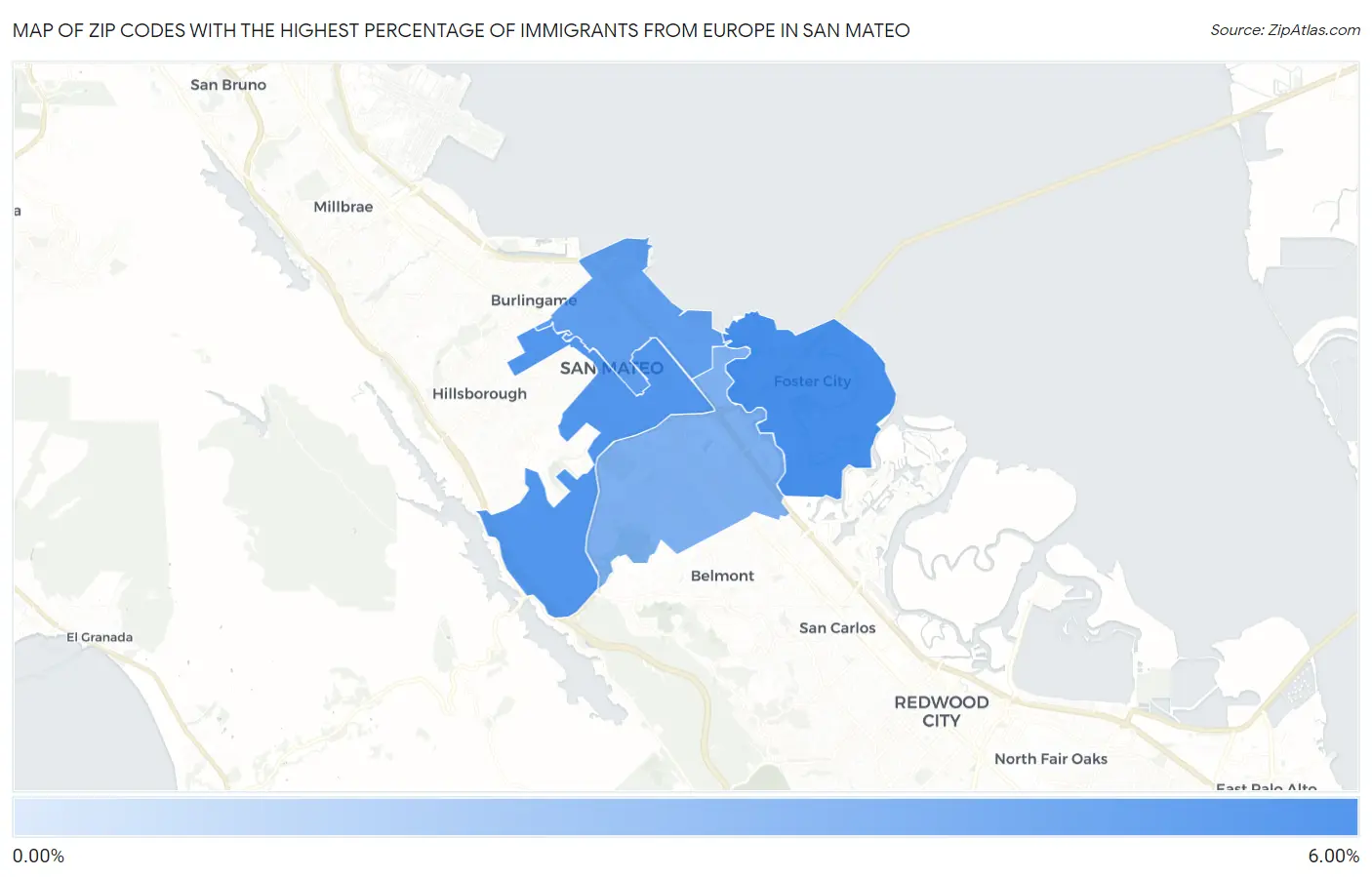 Zip Codes with the Highest Percentage of Immigrants from Europe in San Mateo Map