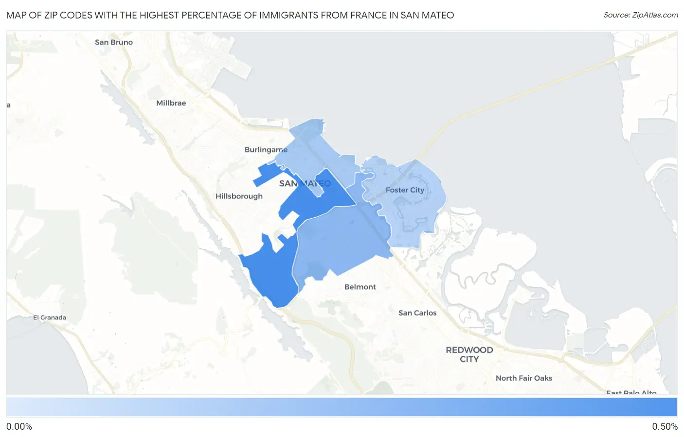 Zip Codes with the Highest Percentage of Immigrants from France in San Mateo Map