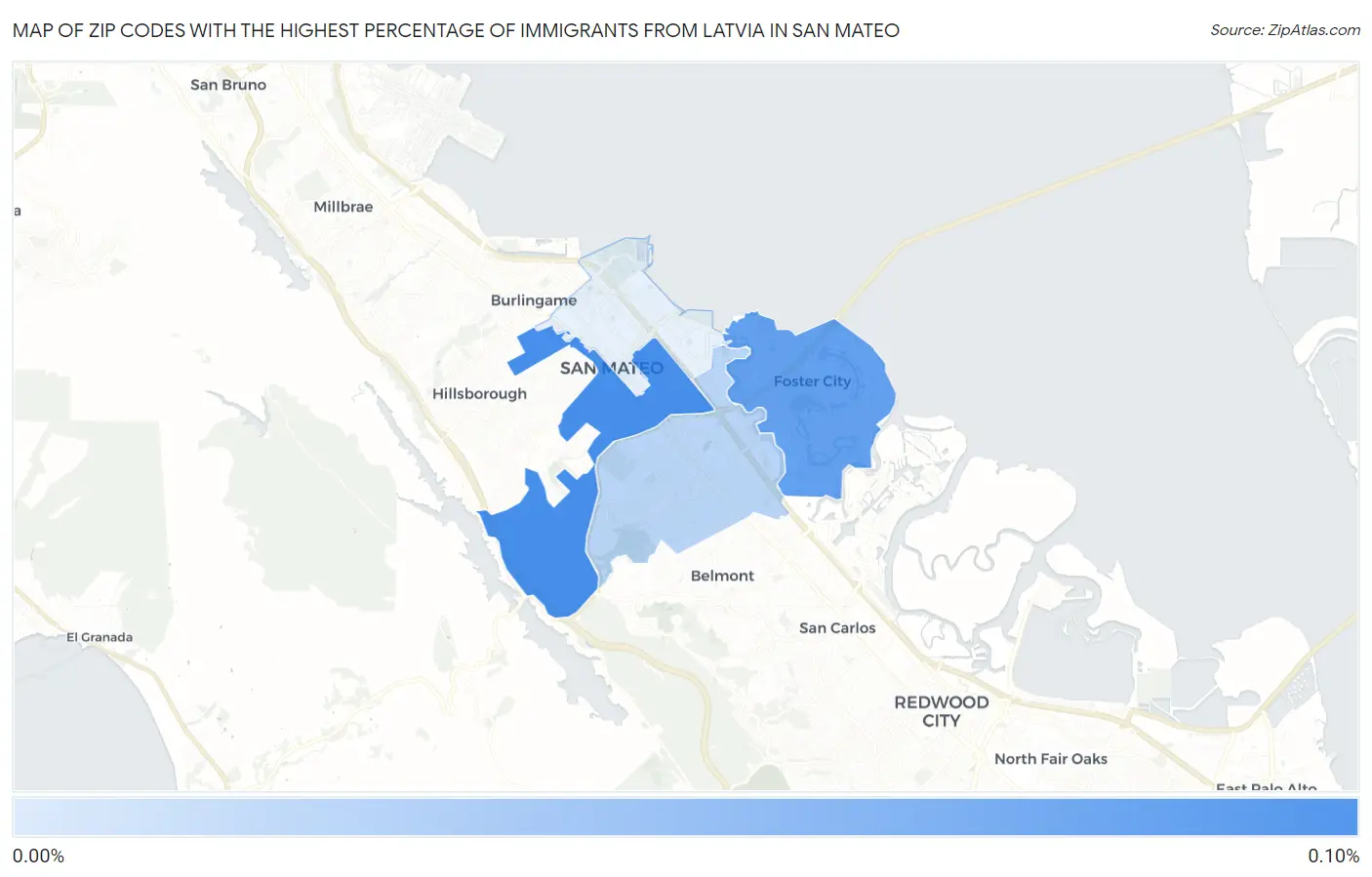 Zip Codes with the Highest Percentage of Immigrants from Latvia in San Mateo Map