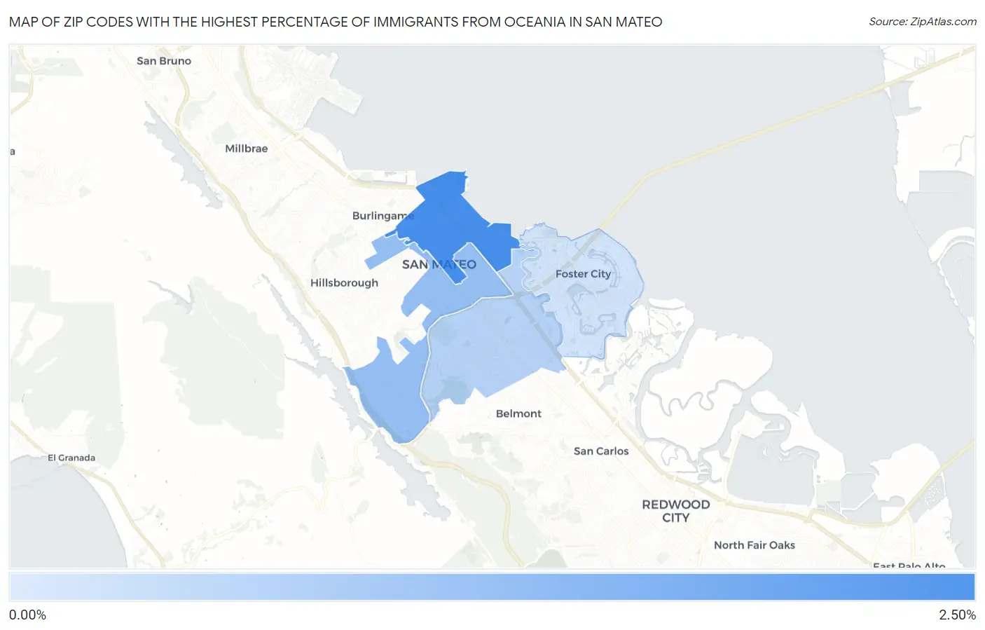 Zip Codes with the Highest Percentage of Immigrants from Oceania in San Mateo Map