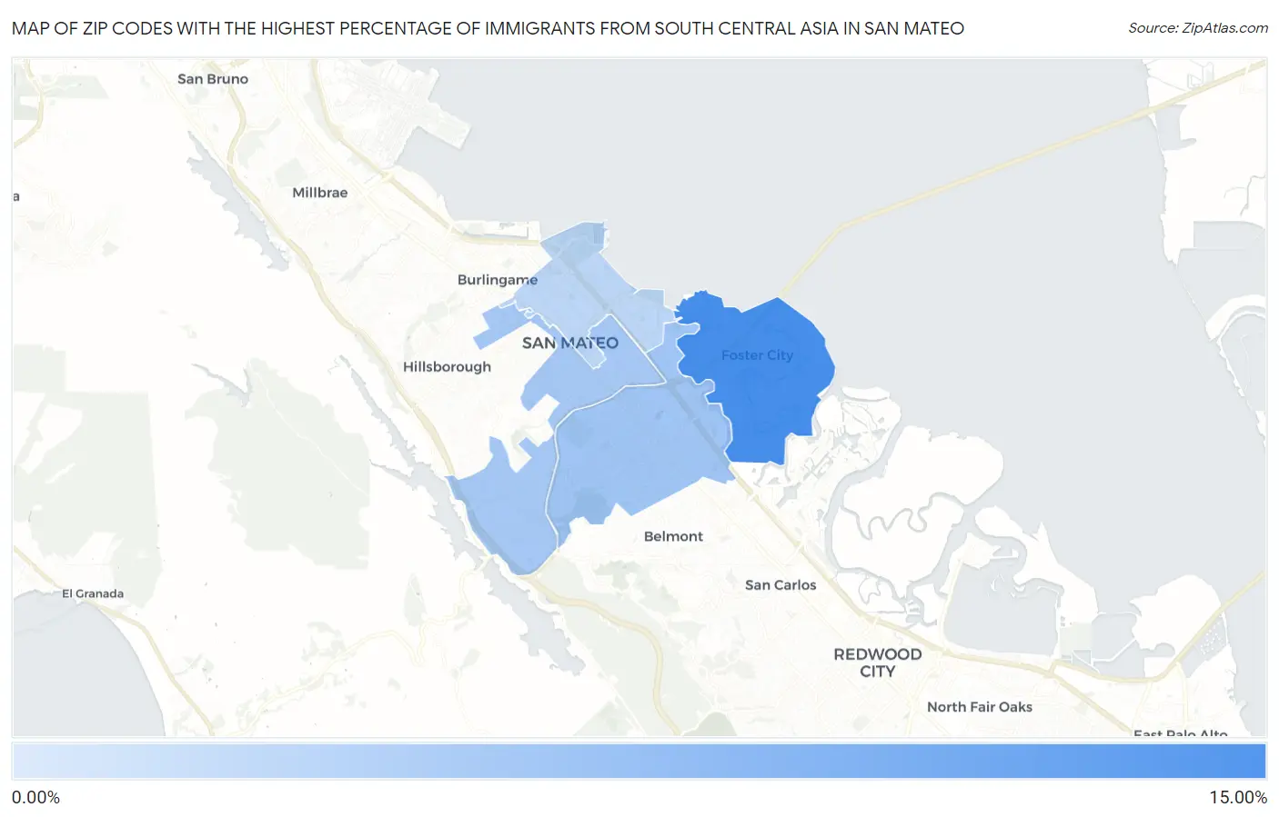 Zip Codes with the Highest Percentage of Immigrants from South Central Asia in San Mateo Map