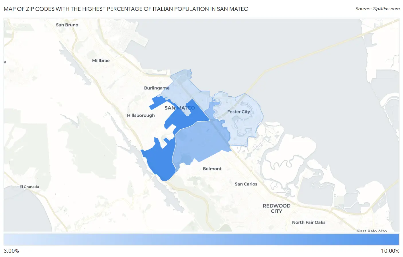 Zip Codes with the Highest Percentage of Italian Population in San Mateo Map