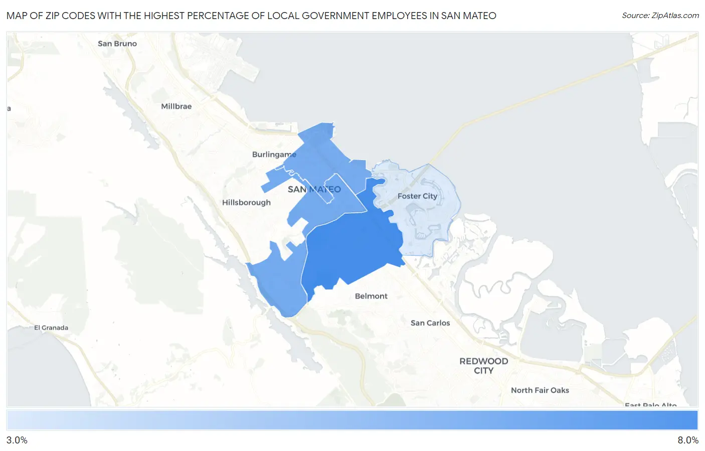 Zip Codes with the Highest Percentage of Local Government Employees in San Mateo Map