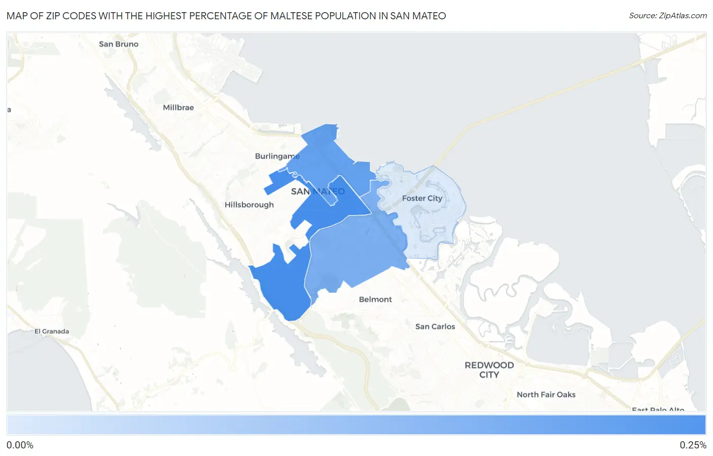 Zip Codes with the Highest Percentage of Maltese Population in San Mateo Map