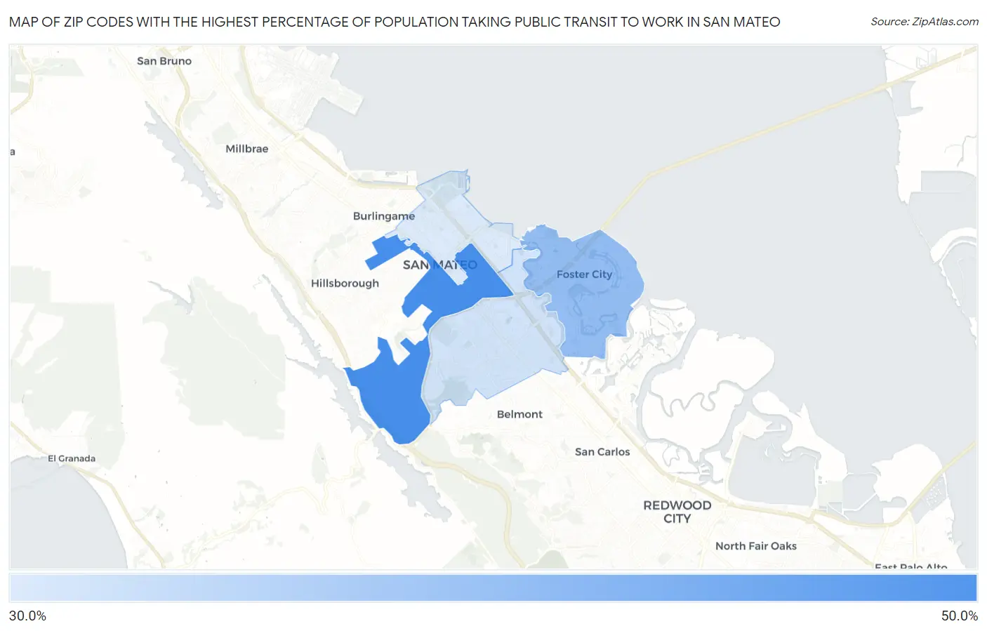 Zip Codes with the Highest Percentage of Population Taking Public Transit to Work in San Mateo Map