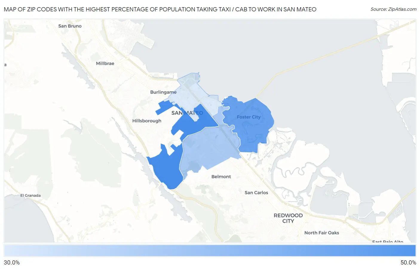 Zip Codes with the Highest Percentage of Population Taking Taxi / Cab to Work in San Mateo Map