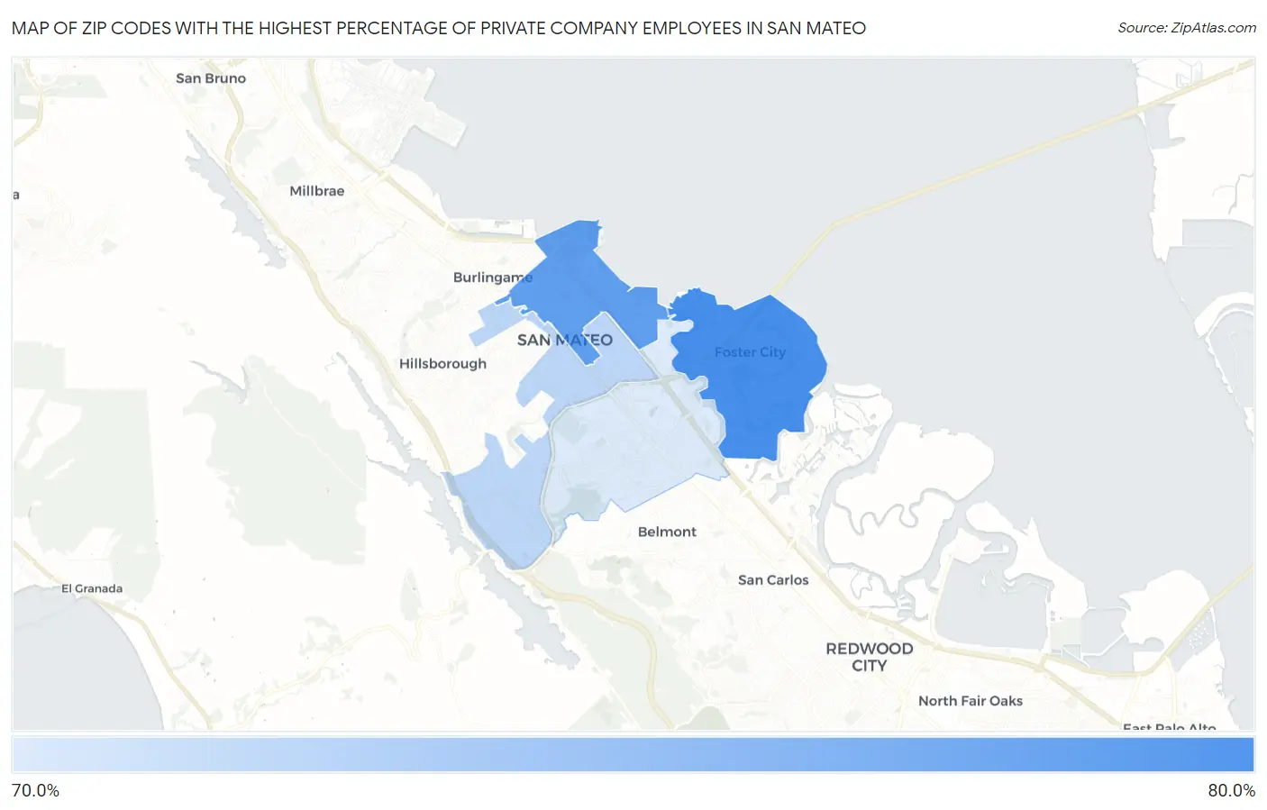 Zip Codes with the Highest Percentage of Private Company Employees in San Mateo Map