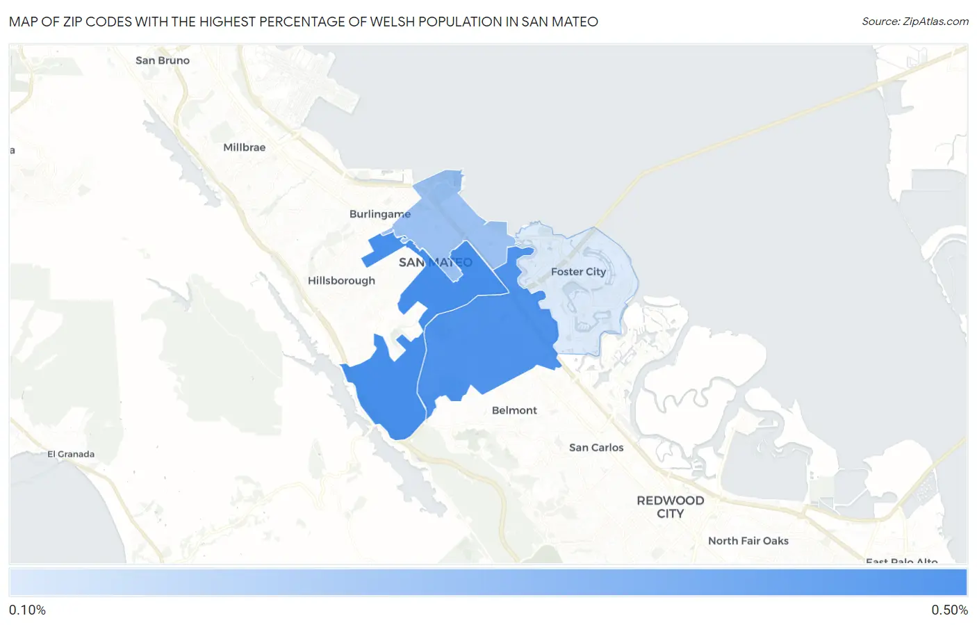 Zip Codes with the Highest Percentage of Welsh Population in San Mateo Map