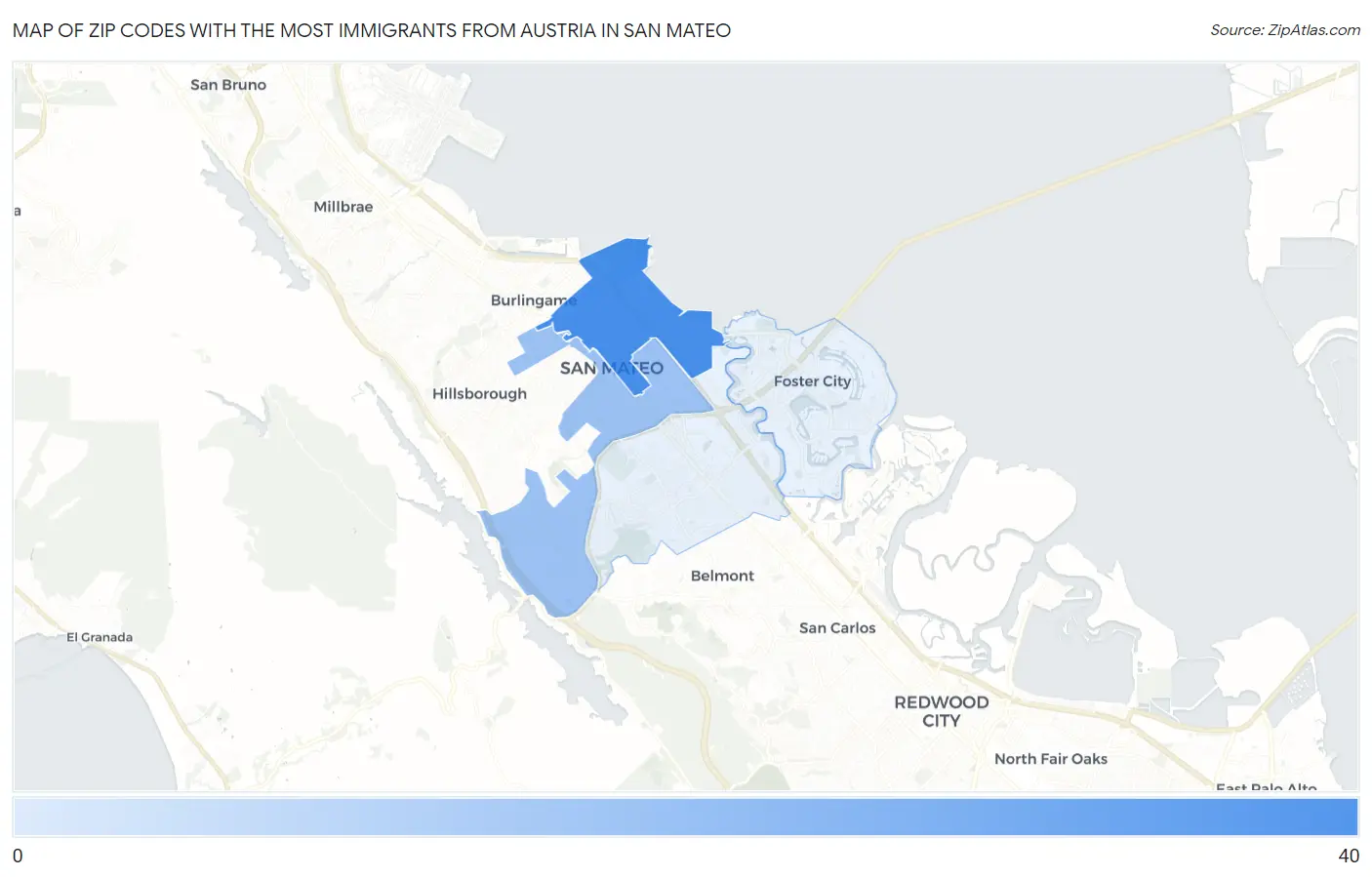Zip Codes with the Most Immigrants from Austria in San Mateo Map