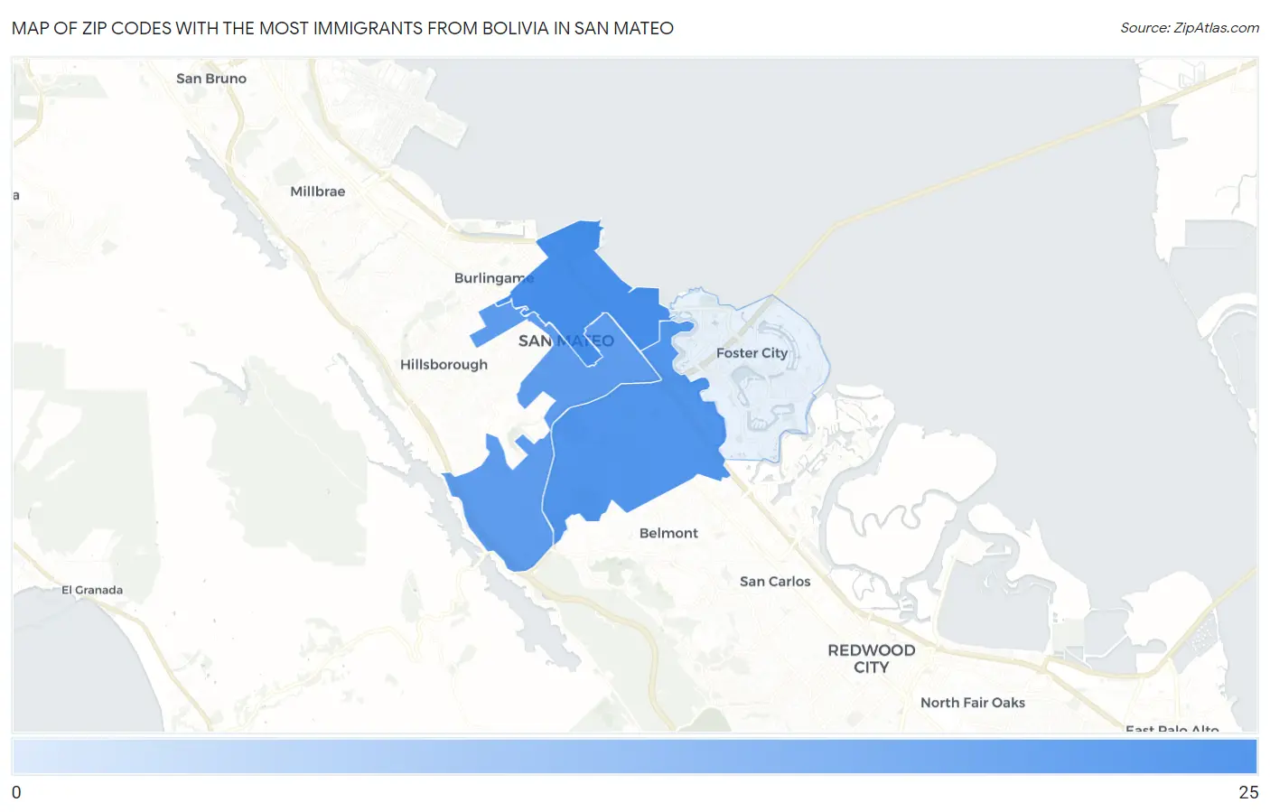 Zip Codes with the Most Immigrants from Bolivia in San Mateo Map