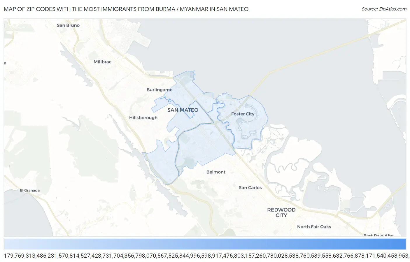 Zip Codes with the Most Immigrants from Burma / Myanmar in San Mateo Map