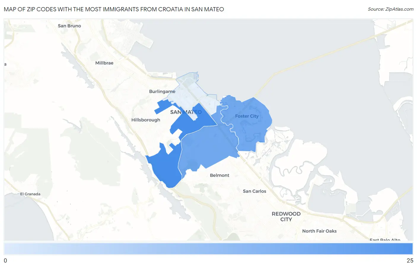 Zip Codes with the Most Immigrants from Croatia in San Mateo Map