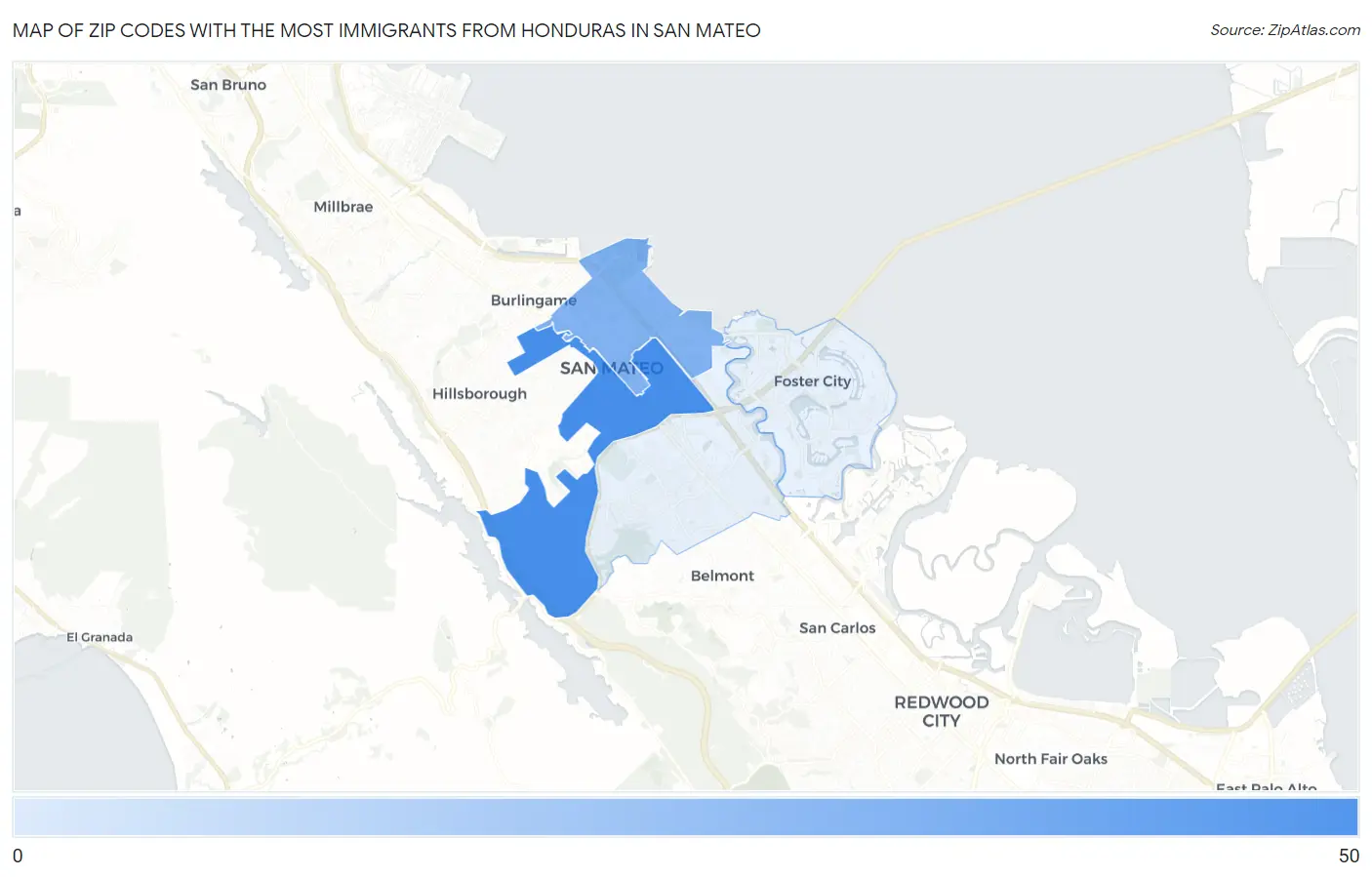 Zip Codes with the Most Immigrants from Honduras in San Mateo Map