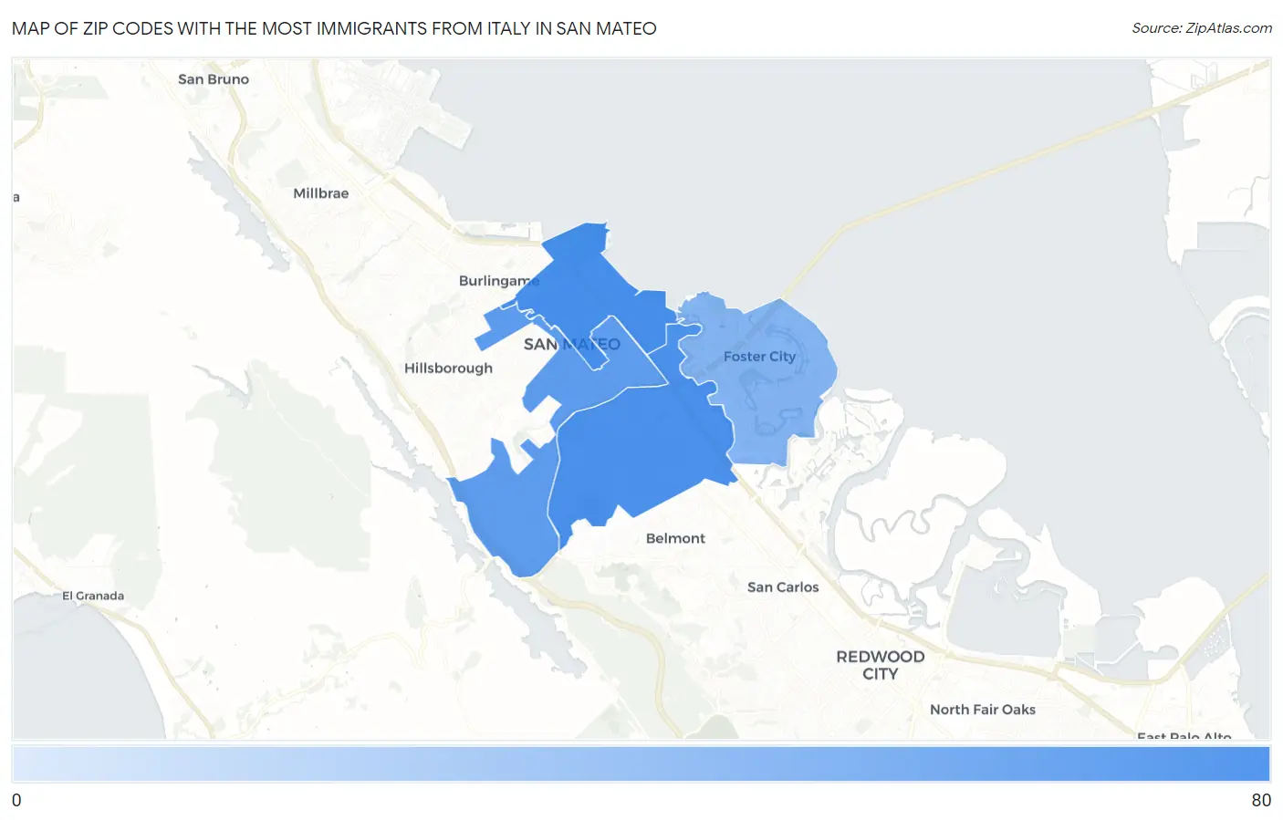 Zip Codes with the Most Immigrants from Italy in San Mateo Map