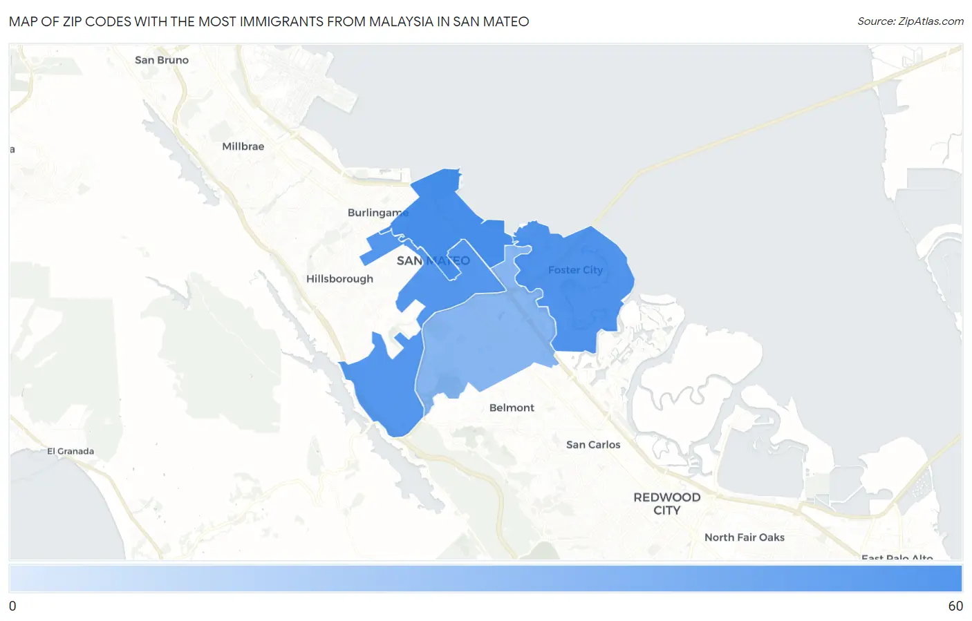 Zip Codes with the Most Immigrants from Malaysia in San Mateo Map