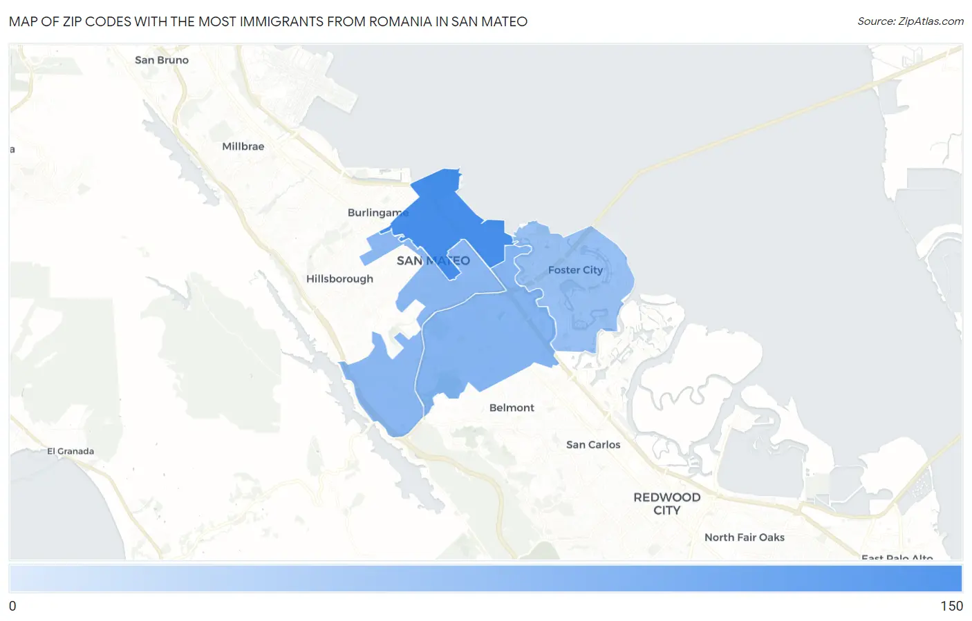 Zip Codes with the Most Immigrants from Romania in San Mateo Map