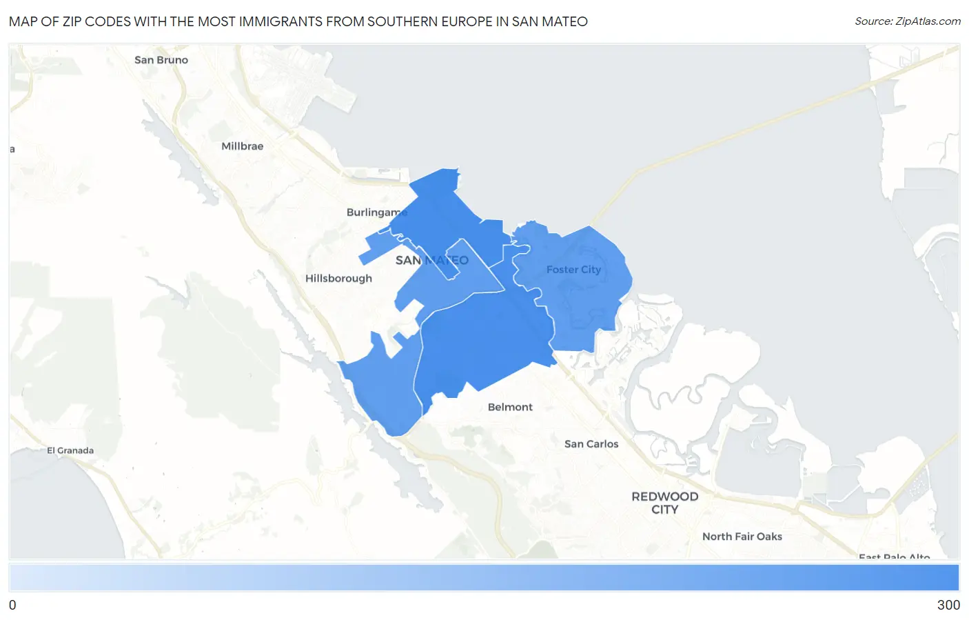 Zip Codes with the Most Immigrants from Southern Europe in San Mateo Map