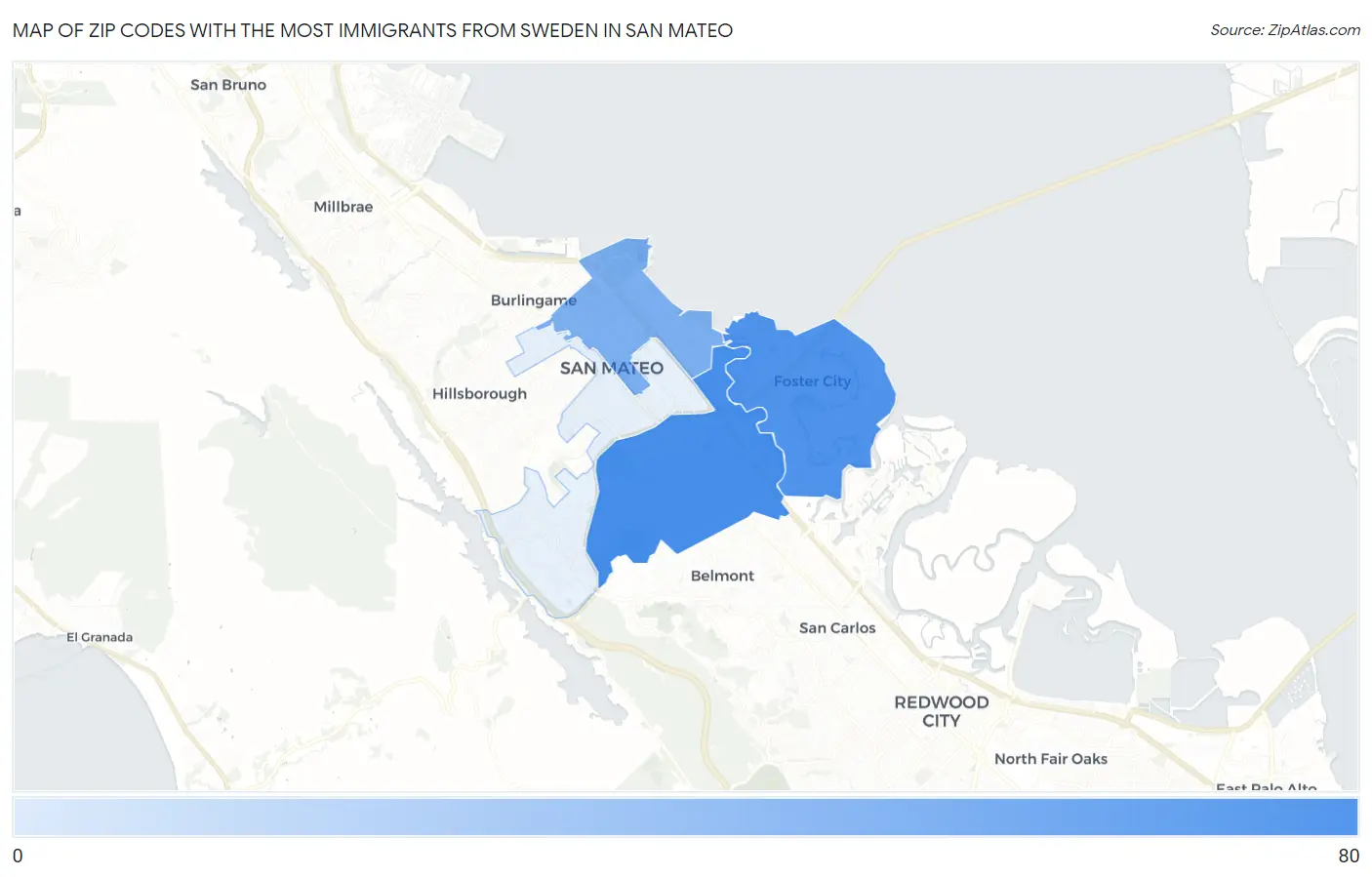 Zip Codes with the Most Immigrants from Sweden in San Mateo Map