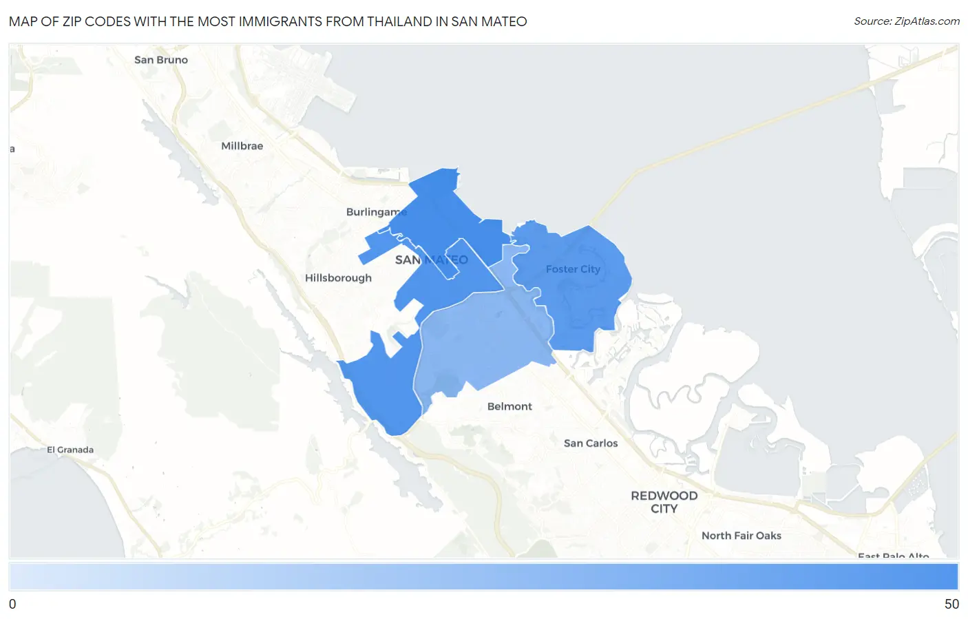 Zip Codes with the Most Immigrants from Thailand in San Mateo Map