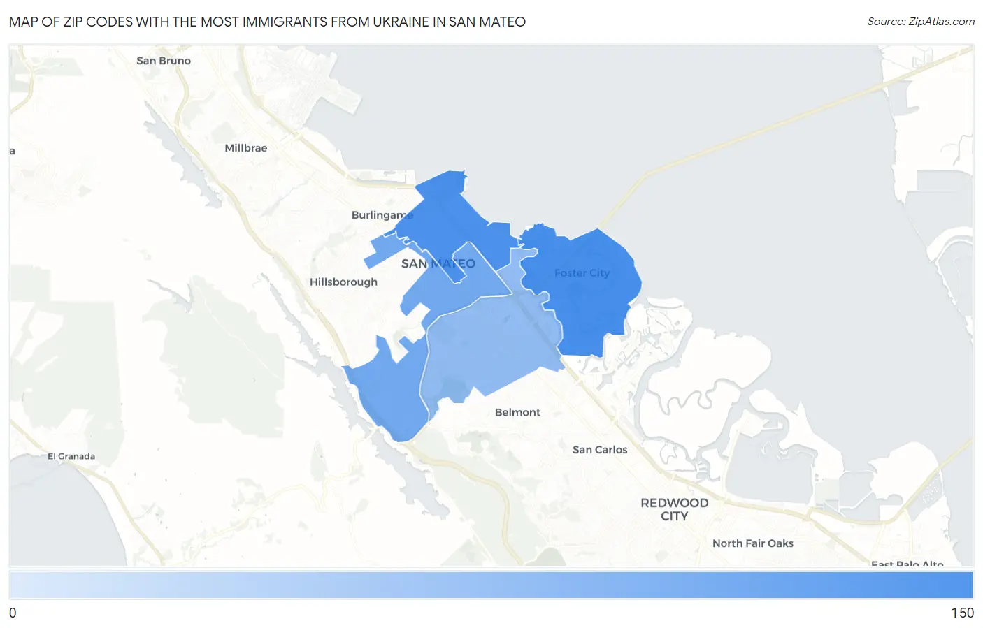 Zip Codes with the Most Immigrants from Ukraine in San Mateo Map