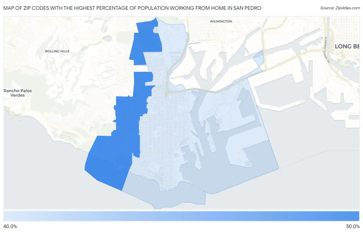 Zip Codes with the Highest Percentage of Population Working from Home in San Pedro Map