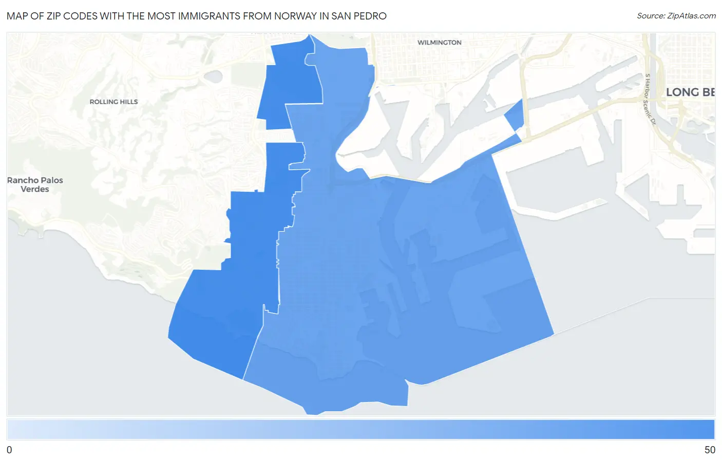 Zip Codes with the Most Immigrants from Norway in San Pedro Map