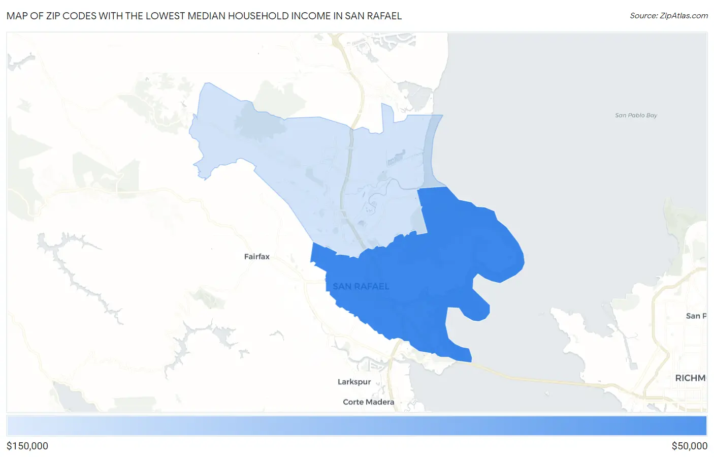 Zip Codes with the Lowest Median Household Income in San Rafael Map