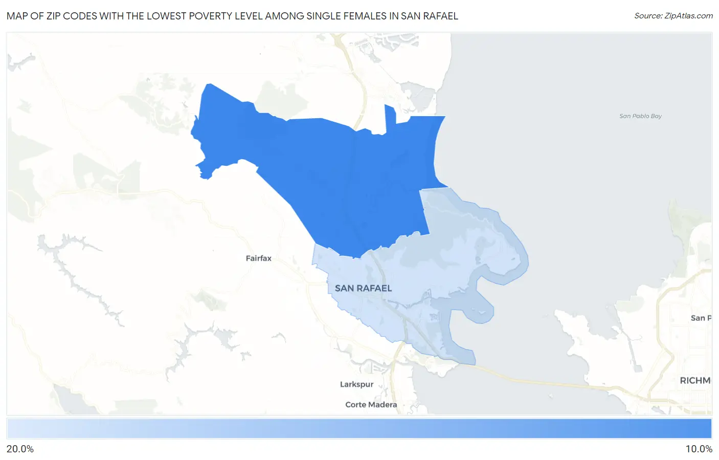 Zip Codes with the Lowest Poverty Level Among Single Females in San Rafael Map