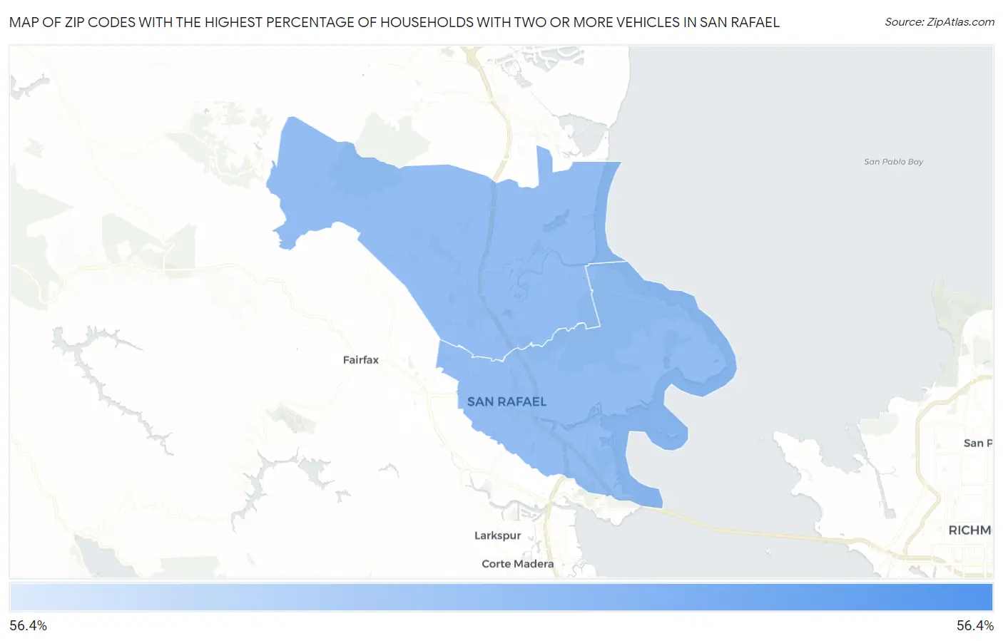Zip Codes with the Highest Percentage of Households With Two or more Vehicles in San Rafael Map