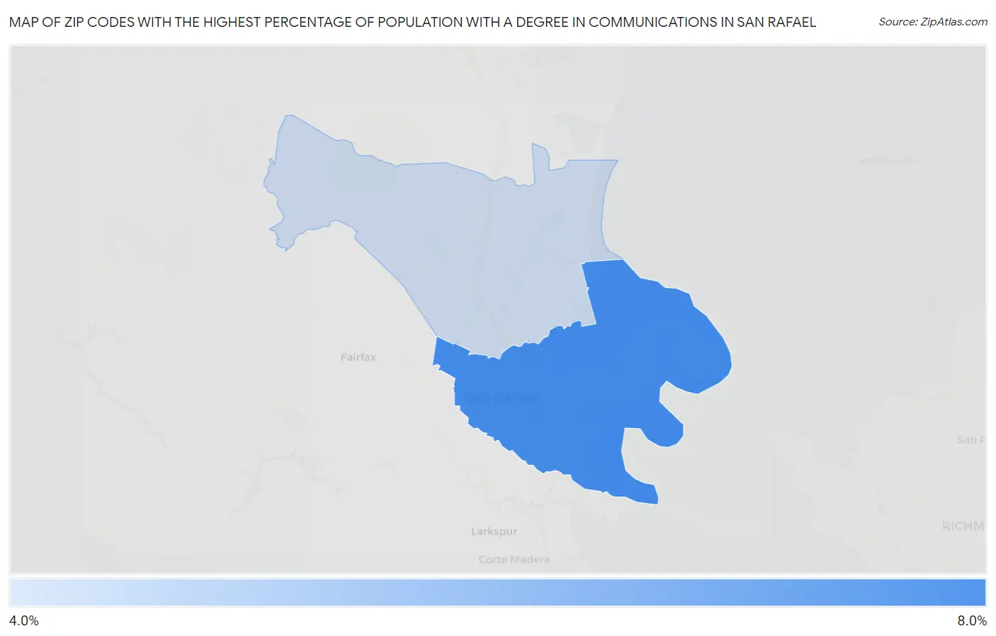 Zip Codes with the Highest Percentage of Population with a Degree in Communications in San Rafael Map