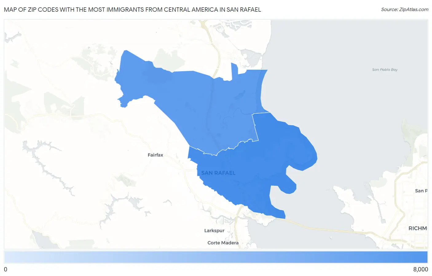 Zip Codes with the Most Immigrants from Central America in San Rafael Map