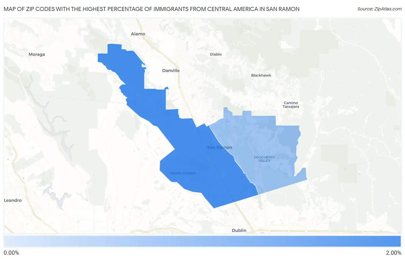 Zip Codes with the Highest Percentage of Immigrants from Central America in San Ramon Map