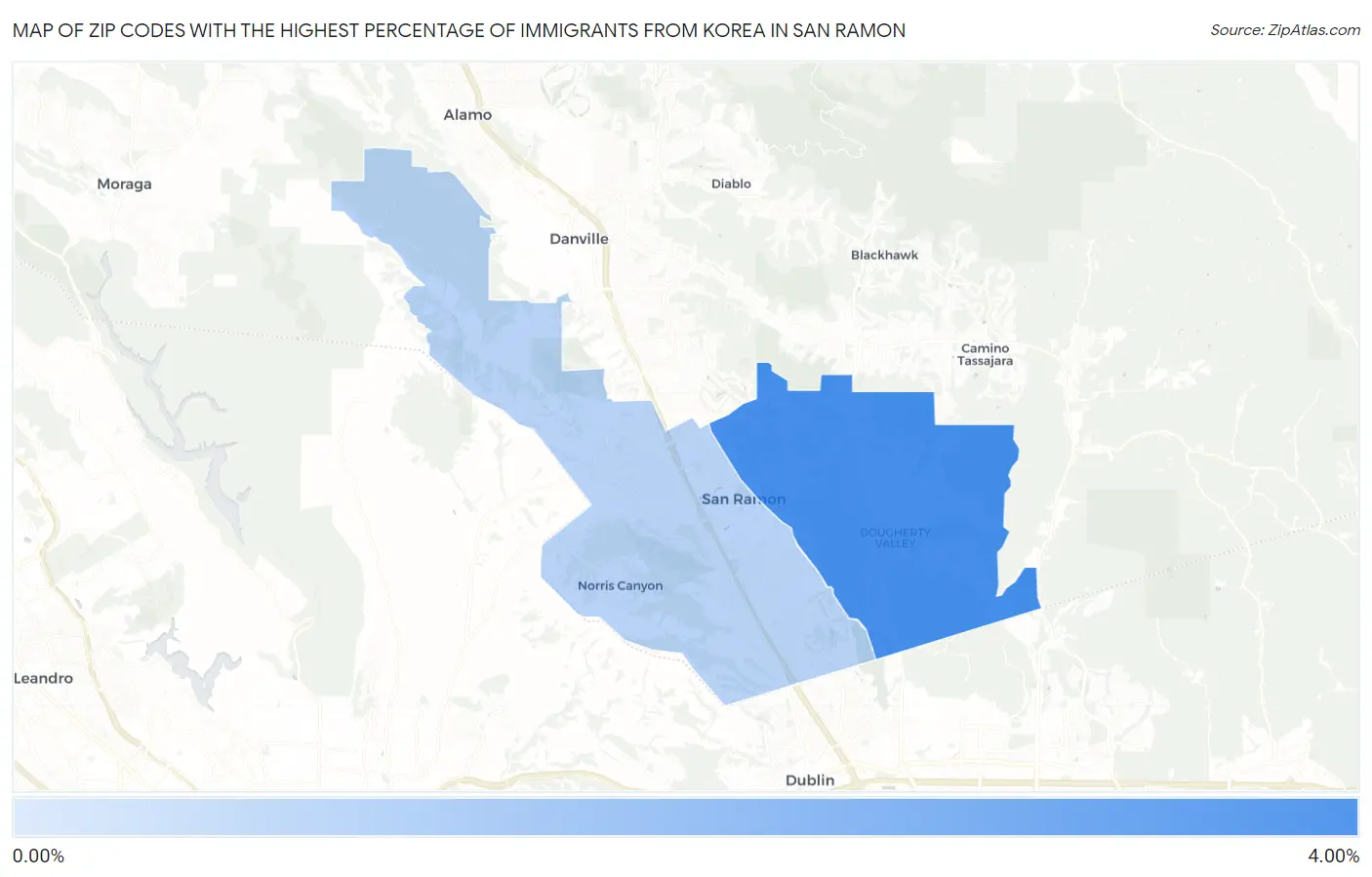 Zip Codes with the Highest Percentage of Immigrants from Korea in San Ramon Map