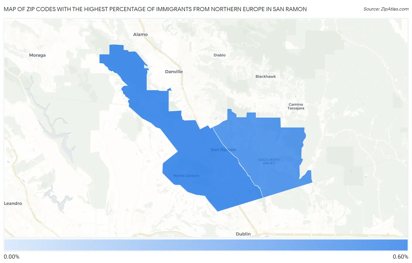 Zip Codes with the Highest Percentage of Immigrants from Northern Europe in San Ramon Map