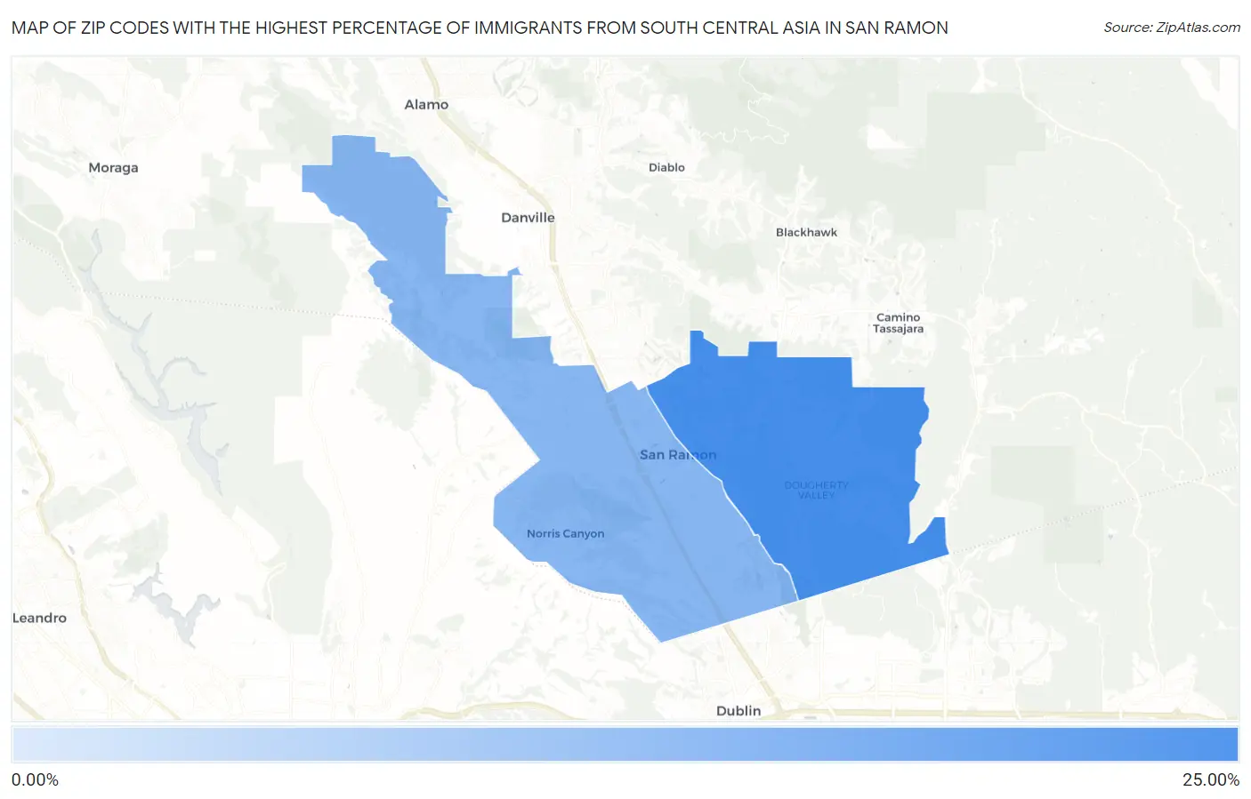 Zip Codes with the Highest Percentage of Immigrants from South Central Asia in San Ramon Map