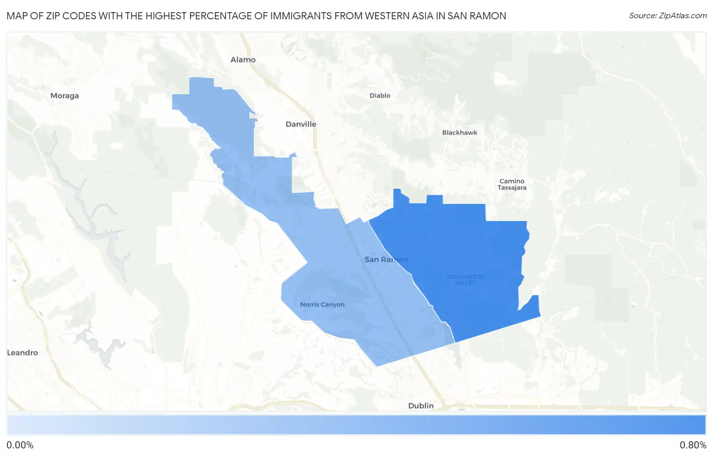 Zip Codes with the Highest Percentage of Immigrants from Western Asia in San Ramon Map