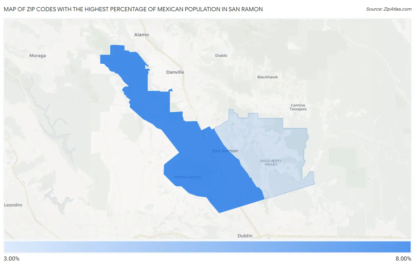 Zip Codes with the Highest Percentage of Mexican Population in San Ramon Map