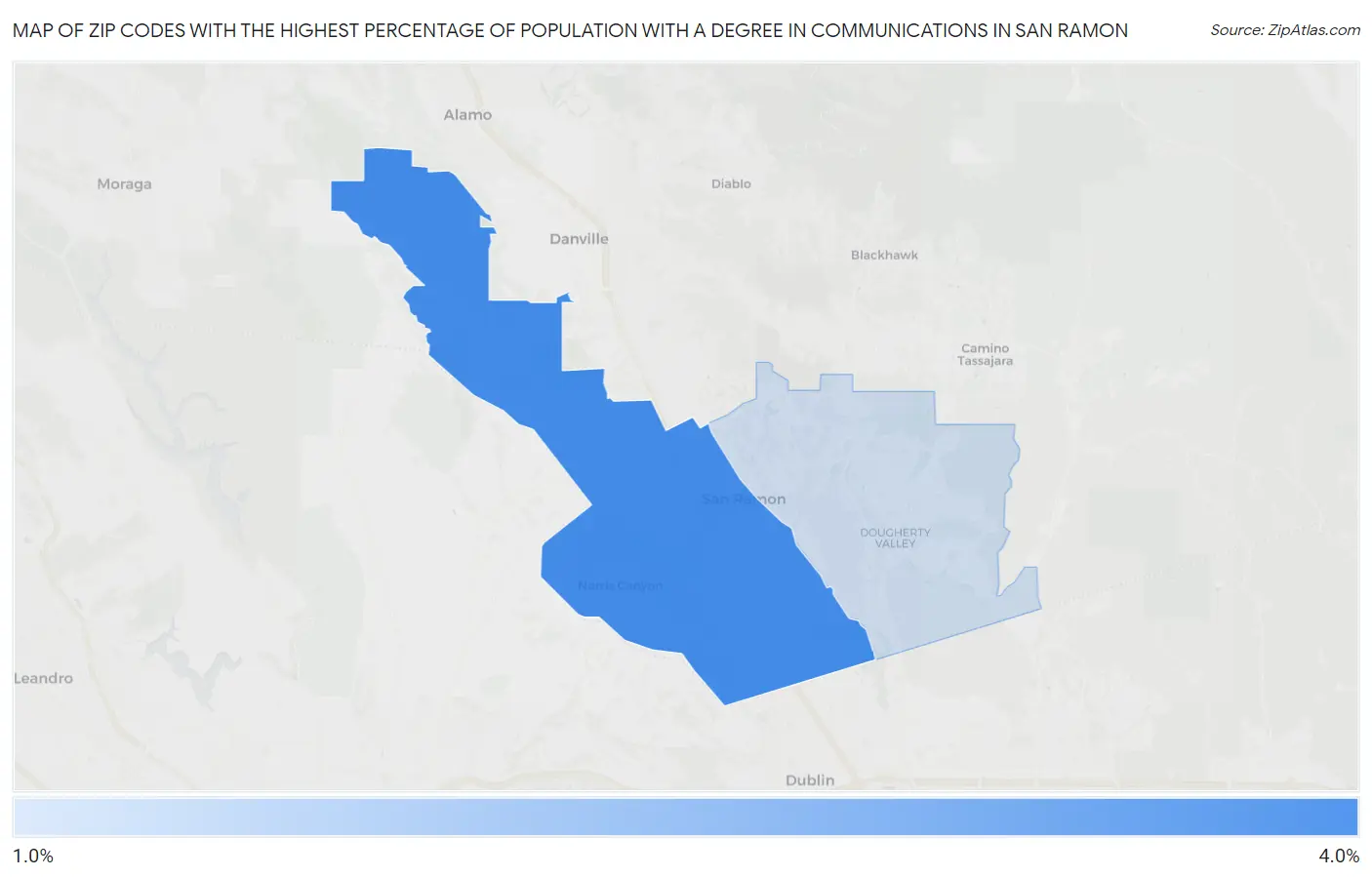 Zip Codes with the Highest Percentage of Population with a Degree in Communications in San Ramon Map