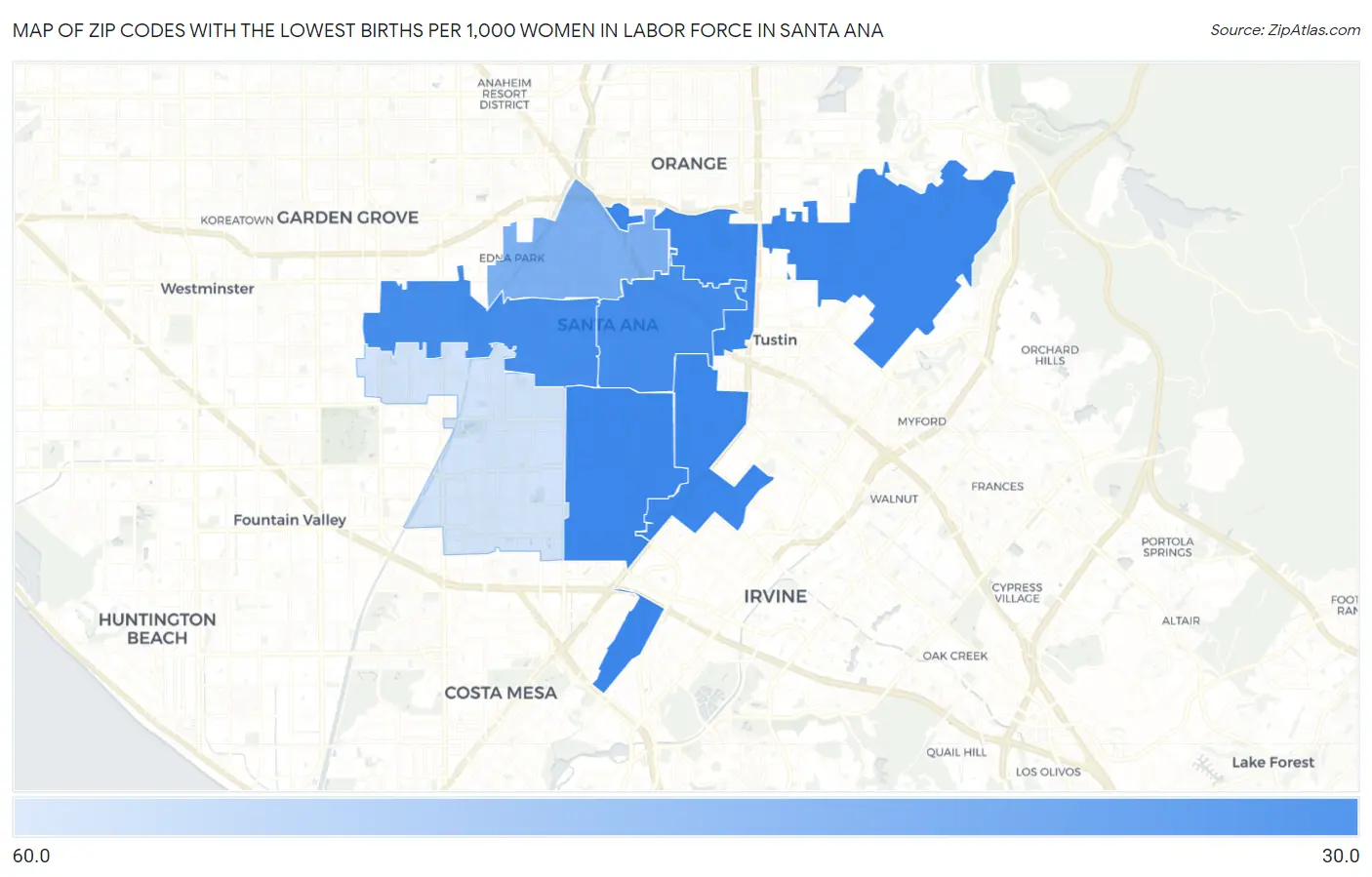 Zip Codes with the Lowest Births per 1,000 Women in Labor Force in Santa Ana Map