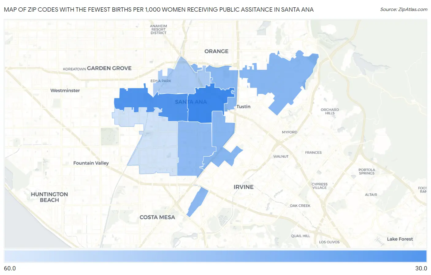 Zip Codes with the Fewest Births per 1,000 Women Receiving Public Assitance in Santa Ana Map