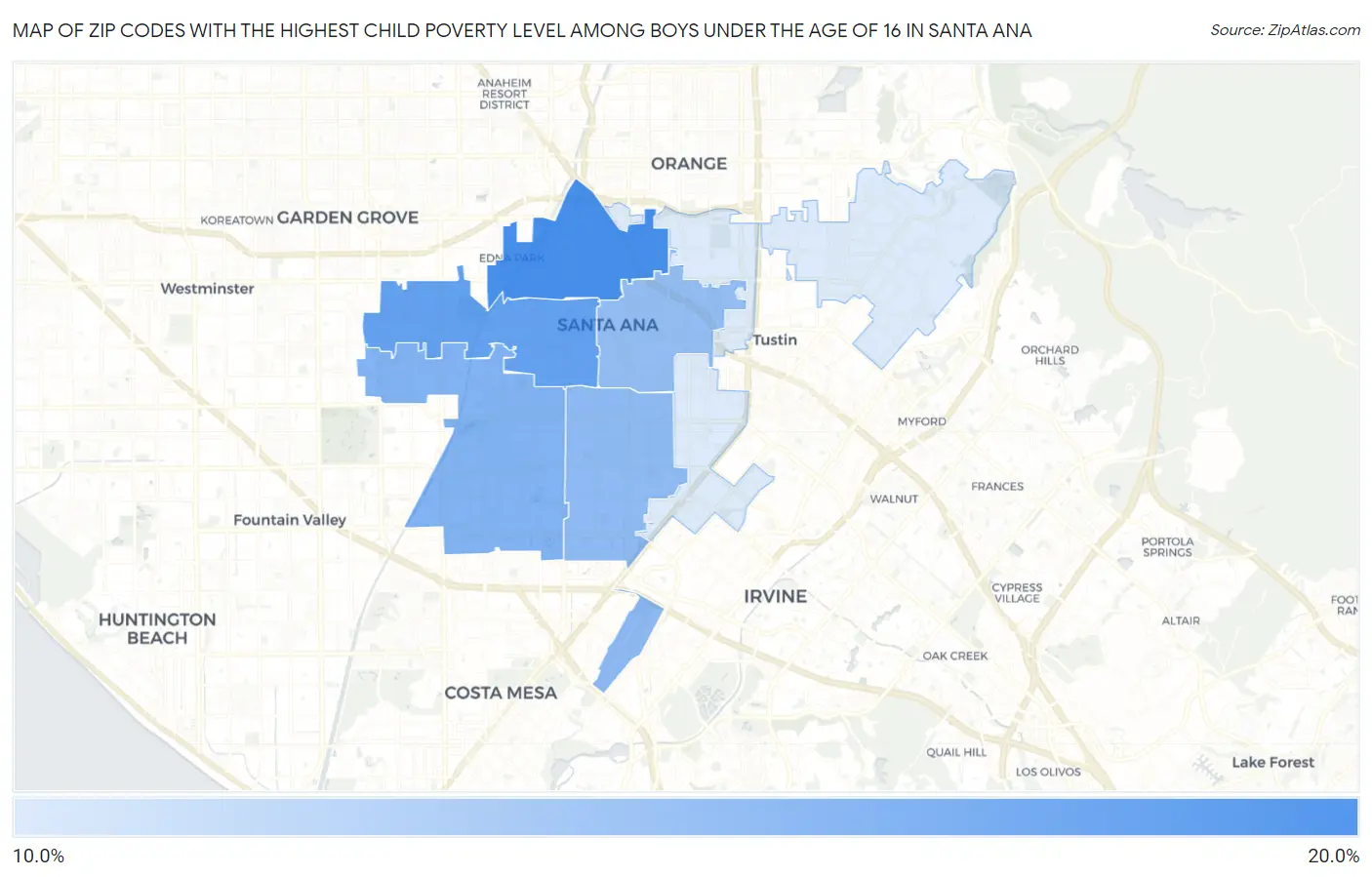 Zip Codes with the Highest Child Poverty Level Among Boys Under the Age of 16 in Santa Ana Map