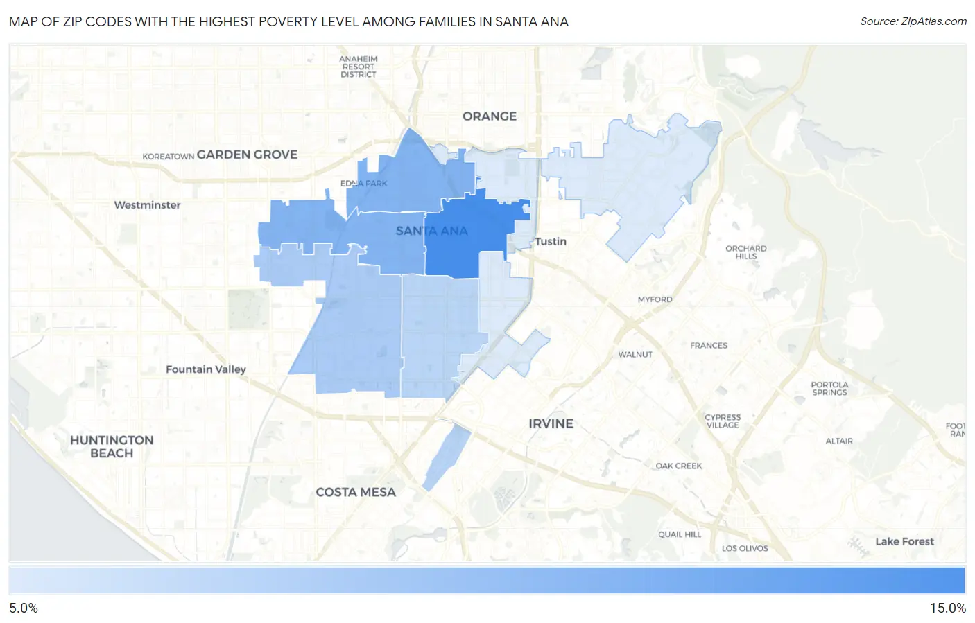 Zip Codes with the Highest Poverty Level Among Families in Santa Ana Map
