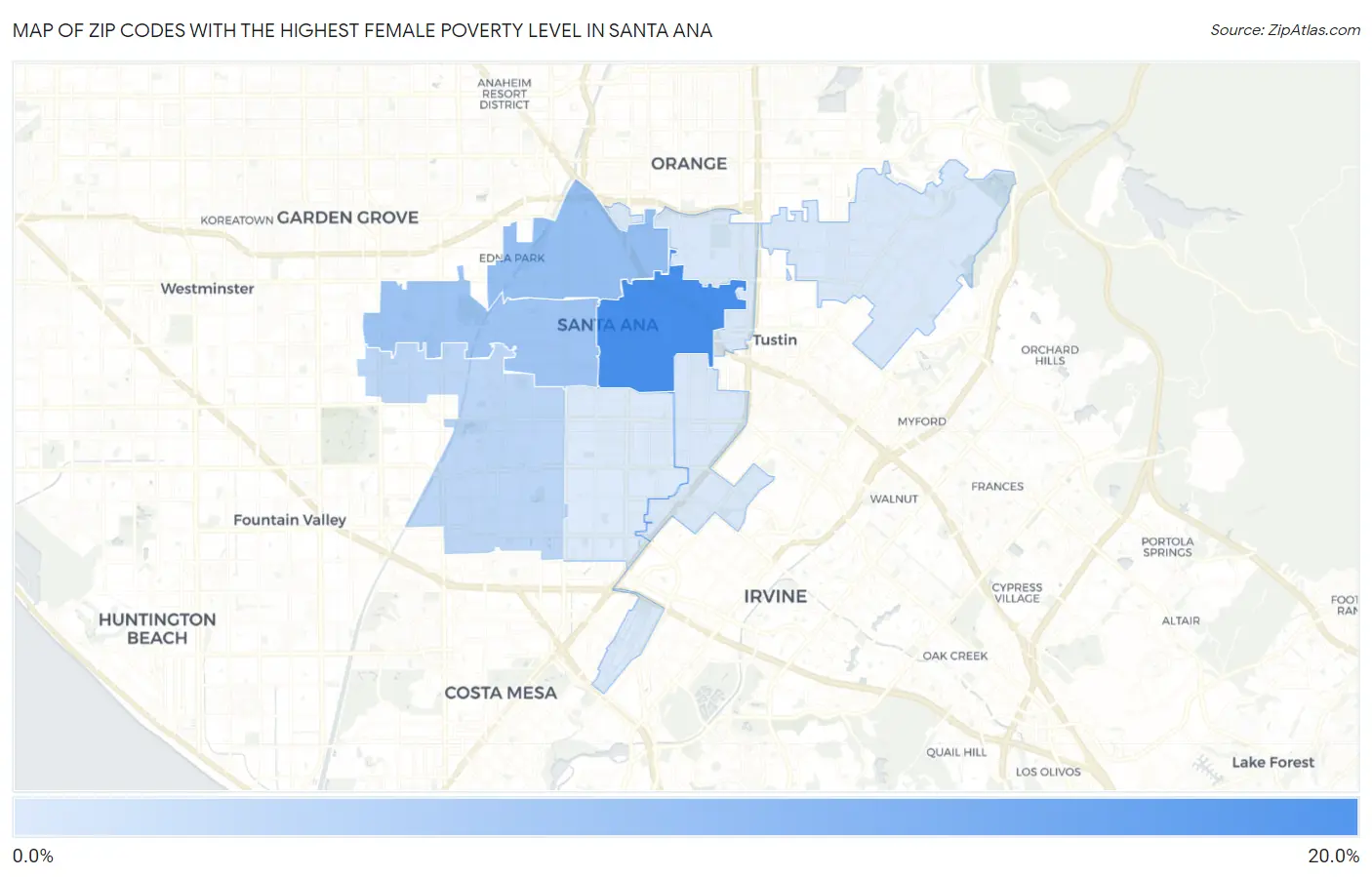 Zip Codes with the Highest Female Poverty Level in Santa Ana Map