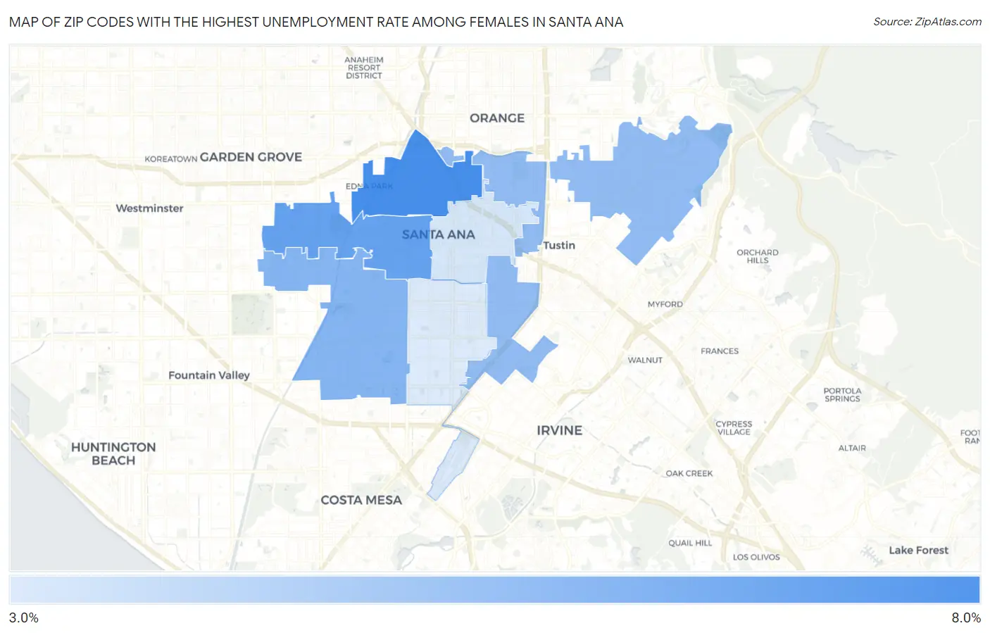 Zip Codes with the Highest Unemployment Rate Among Females in Santa Ana Map